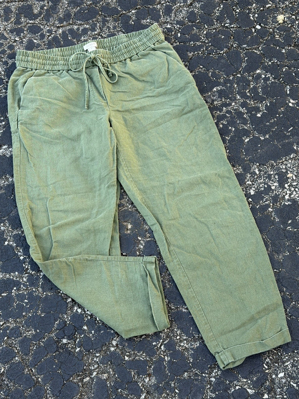 J. Crew Drawstring Waist Cropped Pants Women’s 6 Army Green Linen Blend Comfort